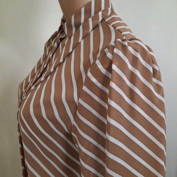 Vintage 80s Bow Tie Blouse Secretary Sheer Button Up Beige White Striped S - Picture 6 of 10